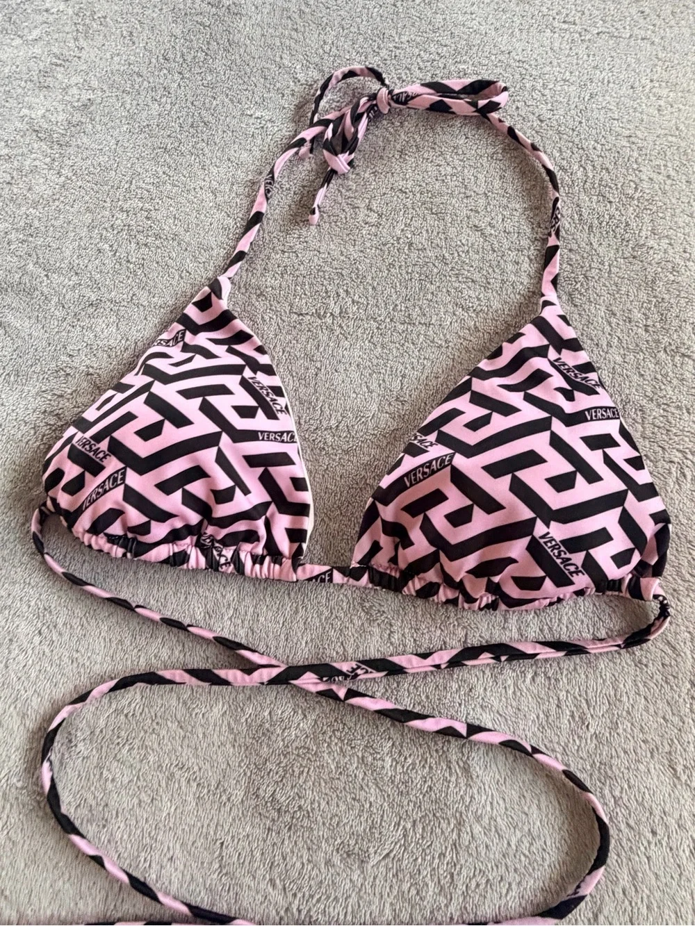 Versace Women's Pink Patterned Triangle Bikini Top with Black Bottom Size S